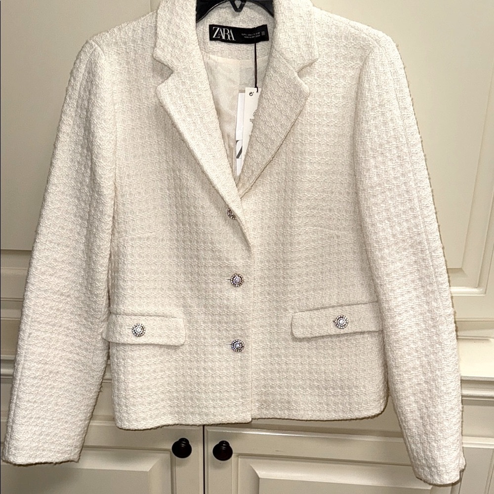 NWT Zara Cream Wool Blend Tweed Texture Blazer Boucle Rhinestone Buttons Sz L - Picture 5 of 15